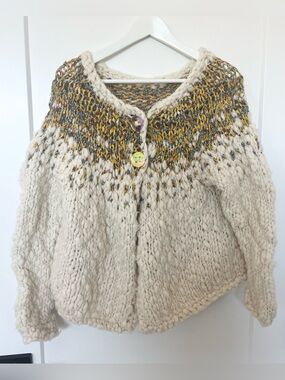 Hand Knit Pixelated Cardigan Sweater Boho Chunky Multicolored Large Buttons